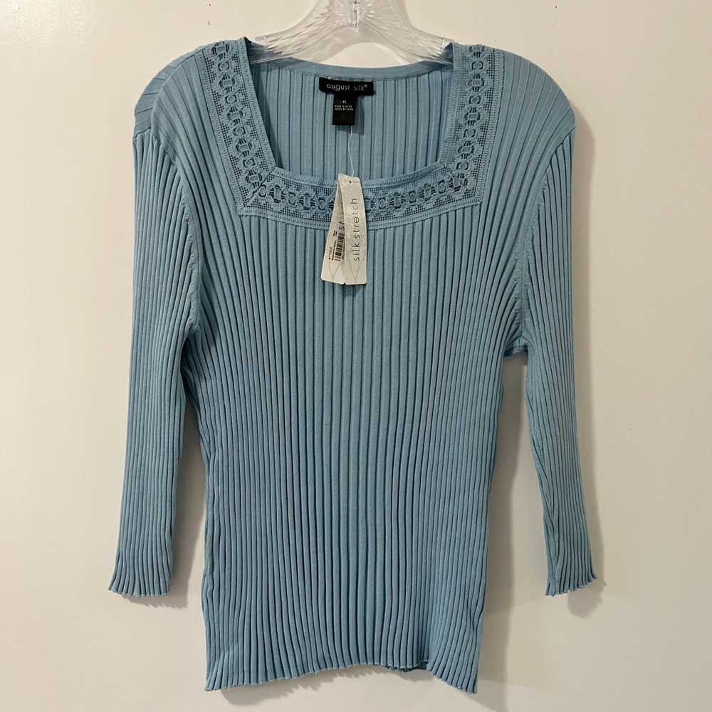 August Silk Stretch Blue Ribbed Square Neck Crochet Lace 3/4 Sleeve Top XL NEW